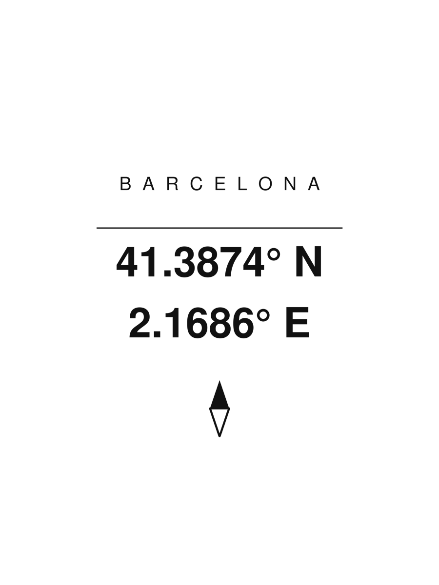 Diseño con la palabra BARCELONA, las coordenadas 41.3874 grados norte y 2.1686 grados este en grande y una aguja de brújula